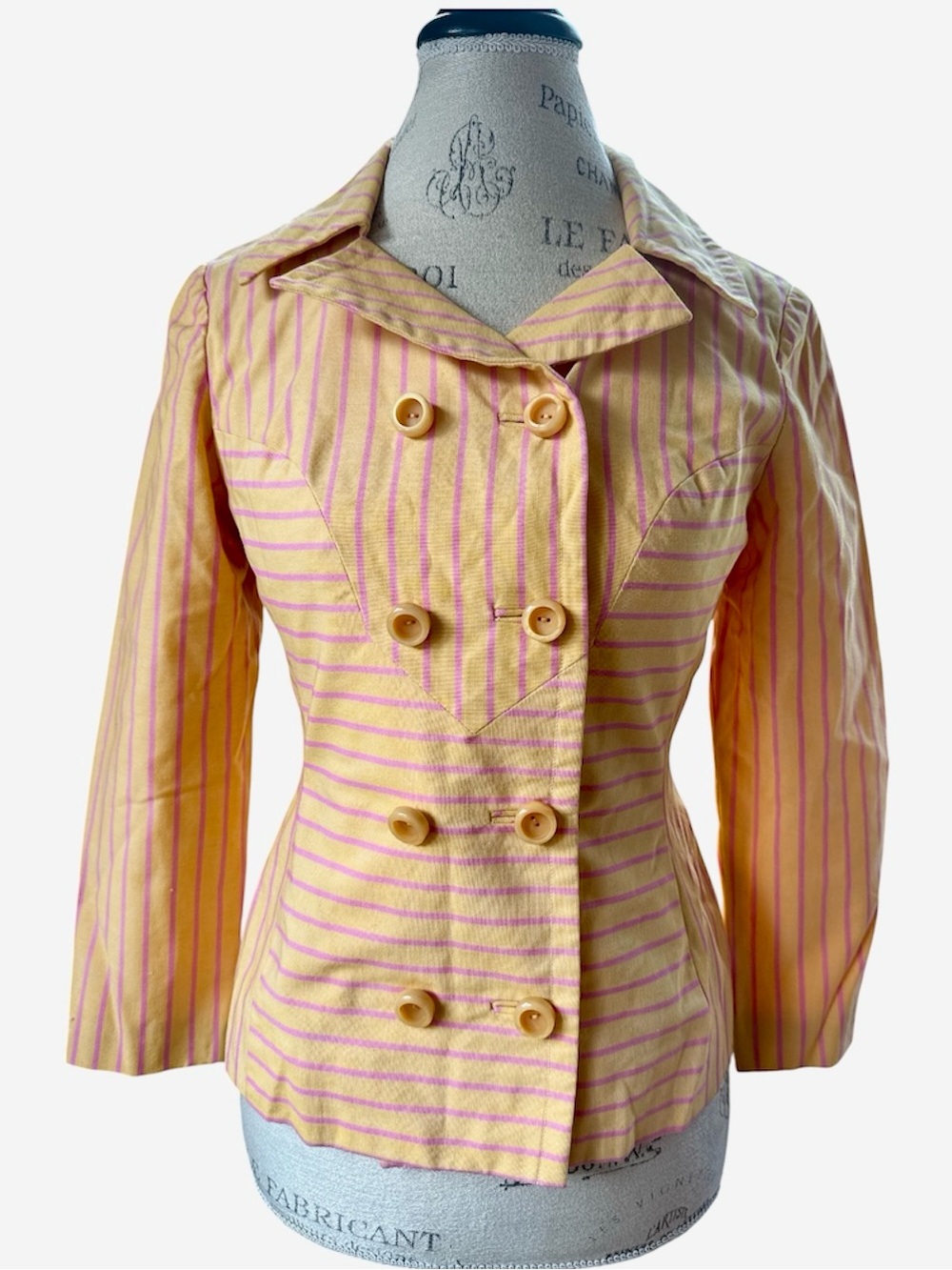 Wing On Co.  vintage custom tailored pink/yellow striped‎ double breasted blazer